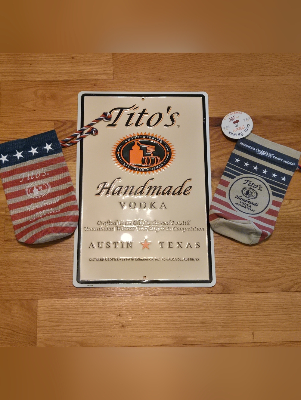 12x18in Tito's Tin Sign & 2 Canvas/Burlap 750 Bottle Bags